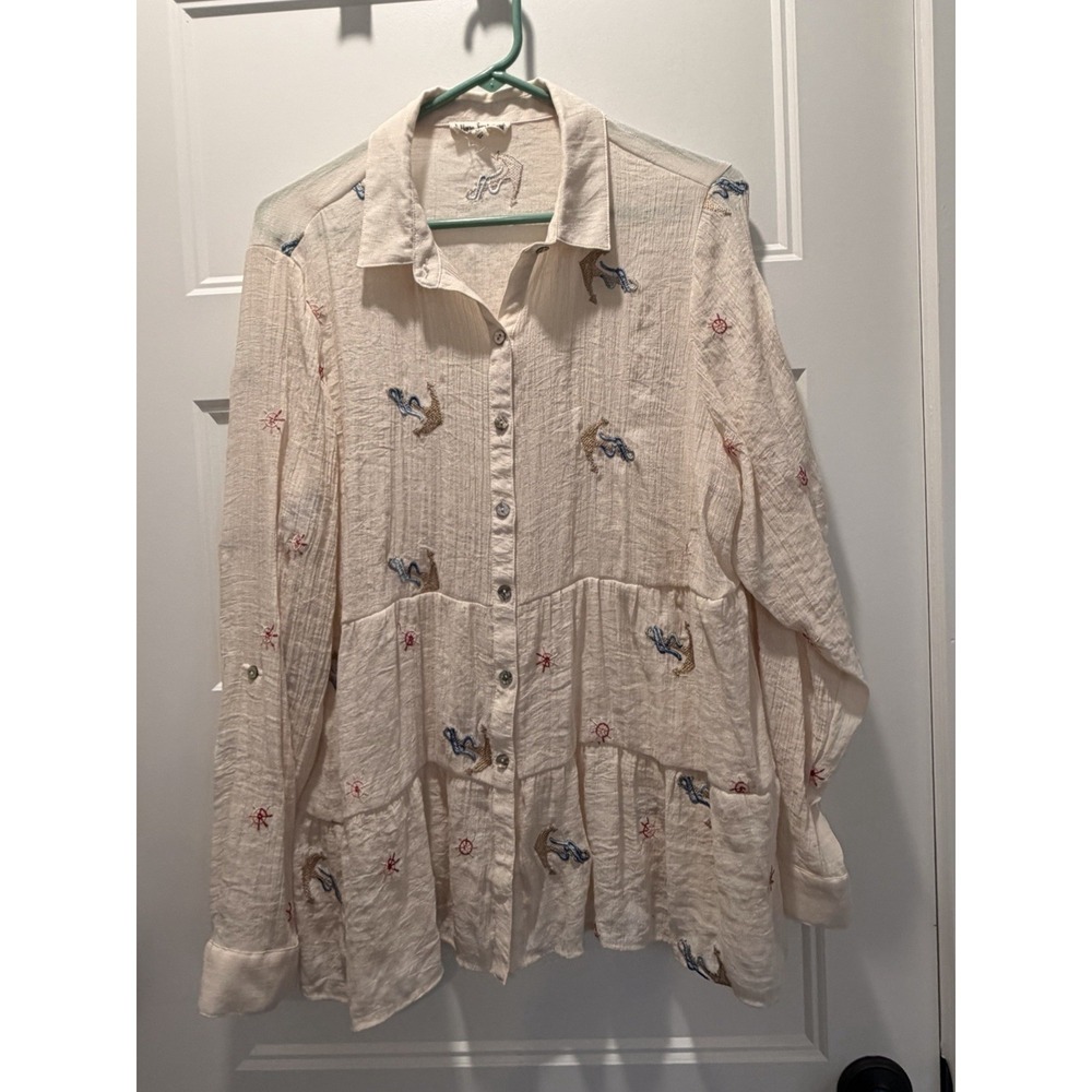 Hope Springs Nautical Embroidered Blouse‎ XL Cream Anchor Ship Wheel Boho Tiered